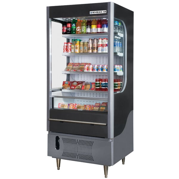 A Beverage-Air black air curtain merchandiser with drinks inside.