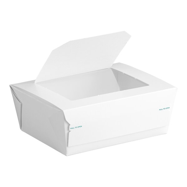 A white paper take-out container with a clear window and a partially open tamper-evident lid.