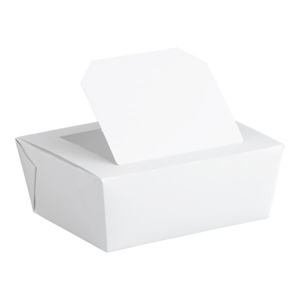 A white paper take-out container with a tamper-evident windowed lid.