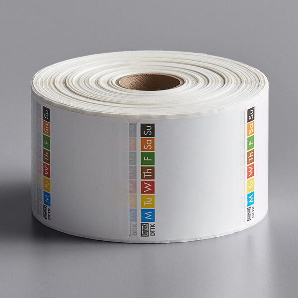 a roll of white paper with colorful labels