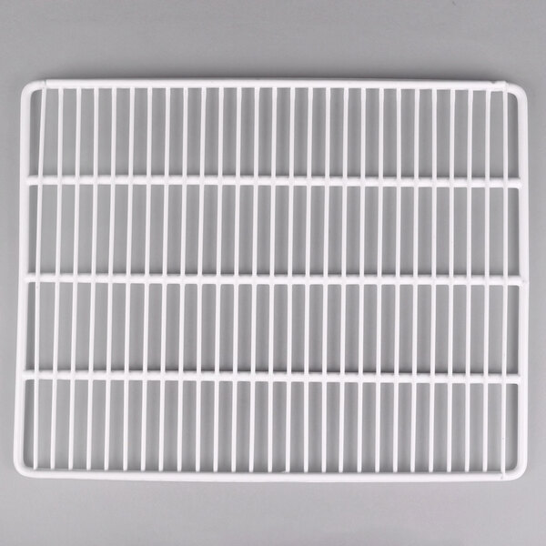 A white coated wire shelf with a grid pattern.