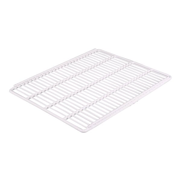 A white coated wire shelf with a grid on it.