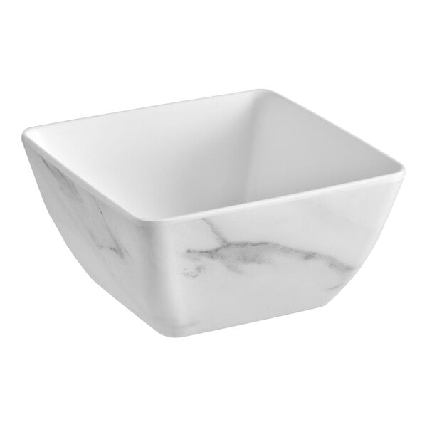 A white marble-patterned square melamine bowl with a 54 oz. capacity.