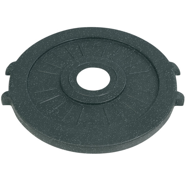 A black plastic lid with a hole for a round trash can.