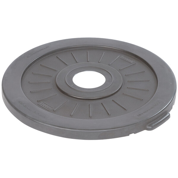 A gray Toter lid with a round cutout for trash cans.