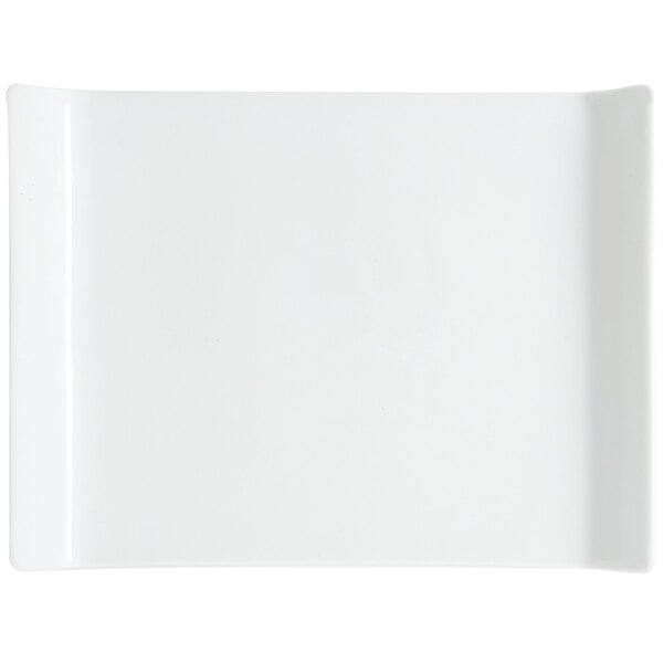 A white rectangular platter with a curved edge.