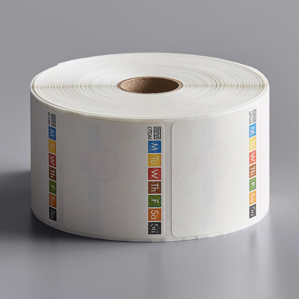 A roll of white paper with colorful Day of the Week labels.