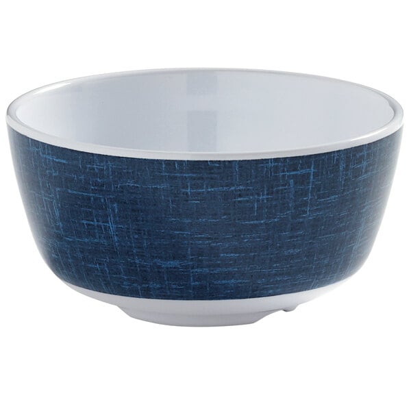 A blue melamine bouillon cup with a white rim.