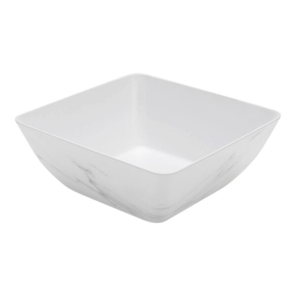 A white, square-shaped bowl with subtle marble-like veining on its exterior.
