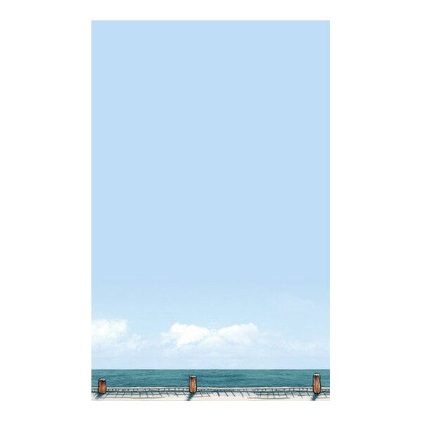An illustration of a calm ocean with a wooden dock in the foreground and a clear blue sky above.