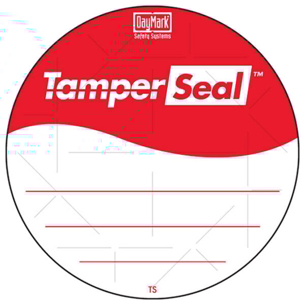 A white DayMark tamper-evident label with red and white text and a red and white sign.