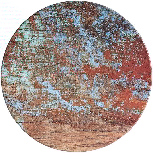 An American Metalcraft faux reclaimed wood melamine round serving board on a table.
