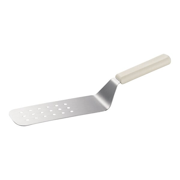 A metal turner with a perforated rectangular blade and a light-colored plastic handle.