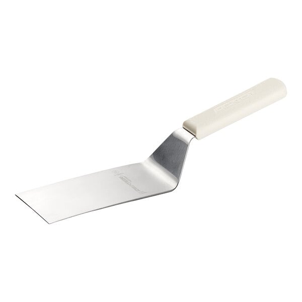 A metal spatula with a flat, rectangular blade and a white plastic handle.