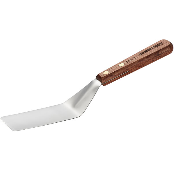 A metal spatula with a wooden handle.