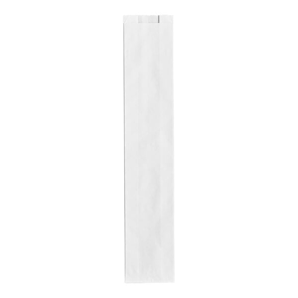 A tall, narrow, plain white paper bag standing upright against a white background.