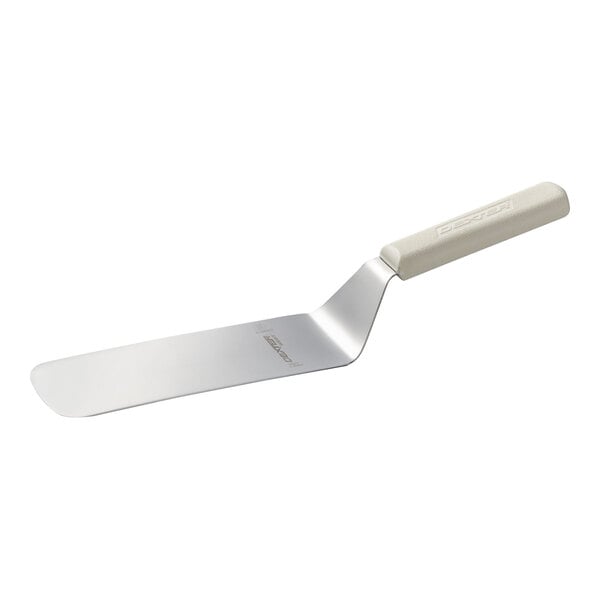 A metal spatula with a white plastic handle and a flat, rectangular blade.