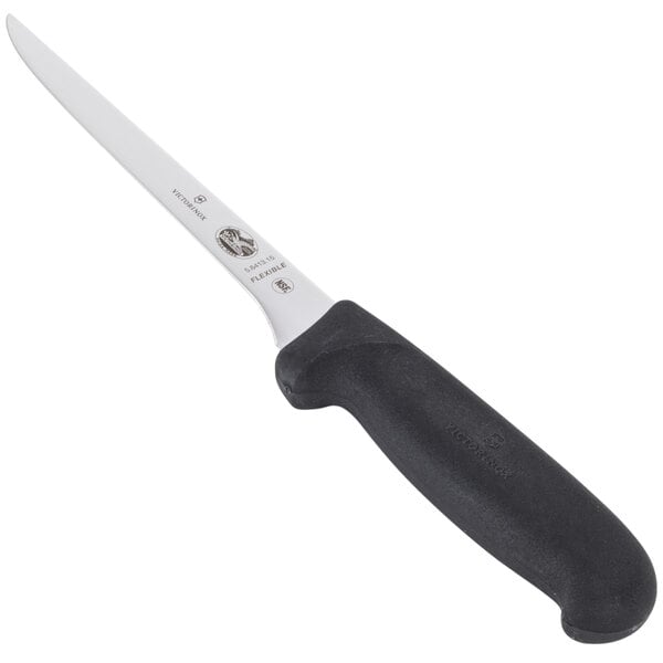 A Victorinox boning knife with a black handle.