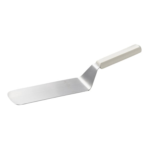 A metal spatula with a rectangular blade and a white plastic handle.