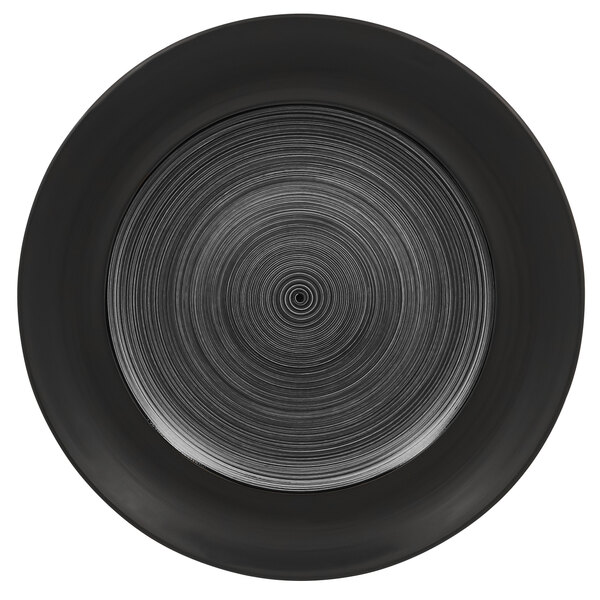 A black RAK Porcelain Trinidad wide rim porcelain plate with a circular pattern in the center.