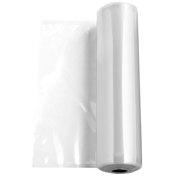 A roll of clear plastic Waring vacuum packaging pouches with a white plastic wrapper.