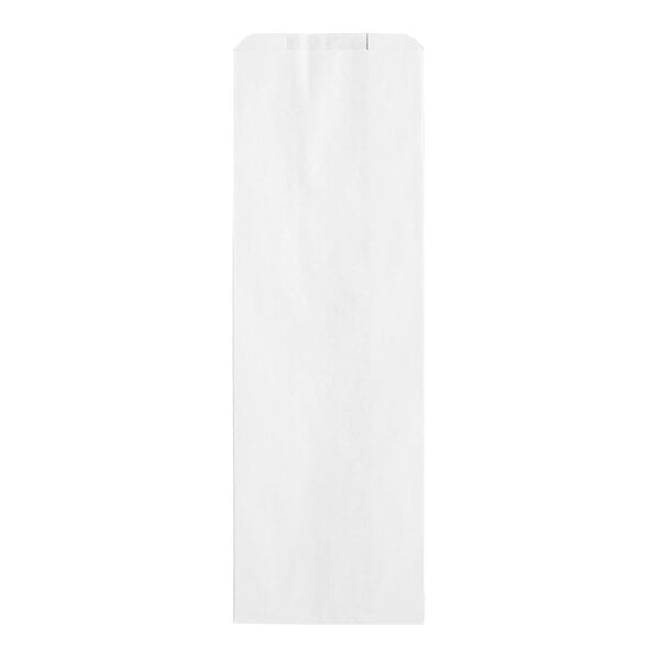A tall, plain white paper bag with a rectangular shape and a slightly folded top edge.