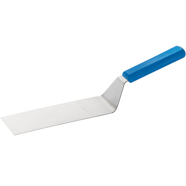 A Dexter-Russell Cool Blue Basics square edge turner with a blue handle.