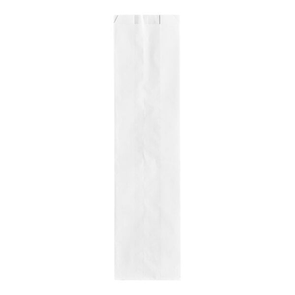 A tall, narrow, plain white paper bag standing upright against a white background.