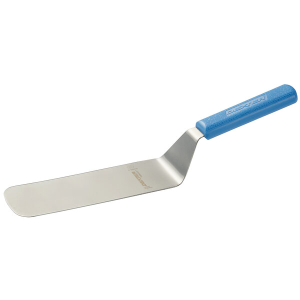 A Dexter-Russell metal turner with a blue plastic handle.