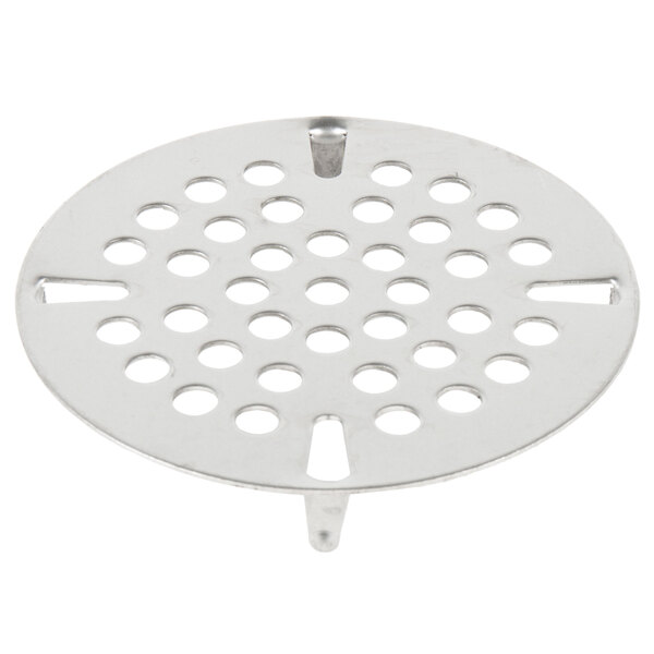 A metal circular 3 1/2" drain cover with holes.