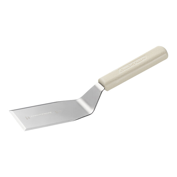A metal spatula with a square, beveled edge blade and a light-colored plastic handle.