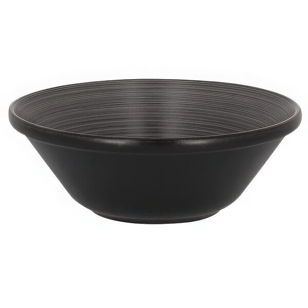 A black bowl with a striped rim.