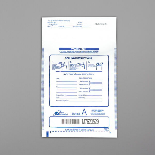 A white Royal Sovereign tamper-evident cash deposit bag with blue text.