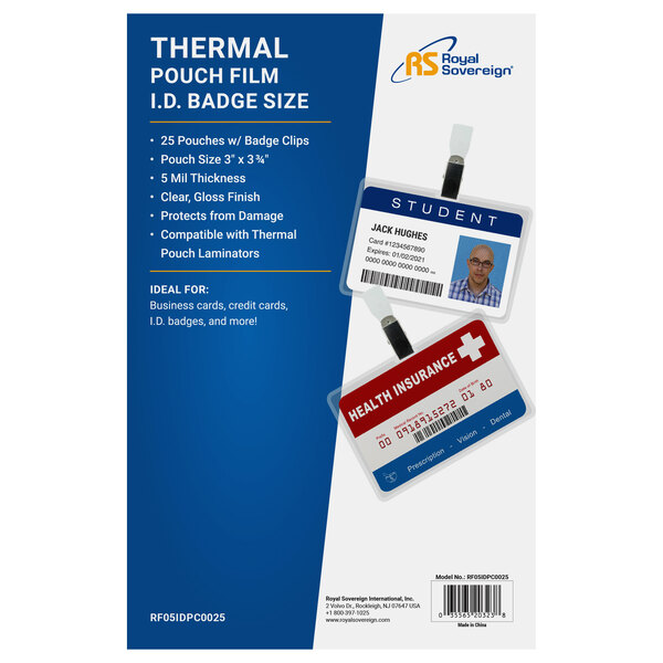 A blue and white package of Royal Sovereign ID badge thermal laminating pouches.