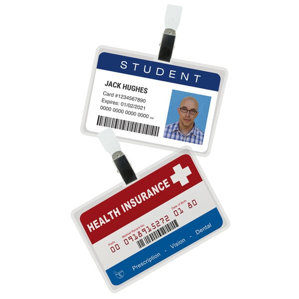 A close-up of two laminated ID cards with a white background.