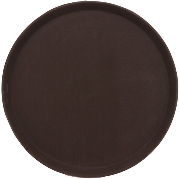 A round brown non-skid serving tray with a black surface and a brown rim.