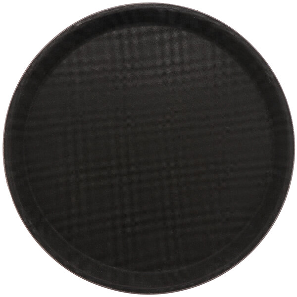 A black round polypropylene non-skid serving tray.