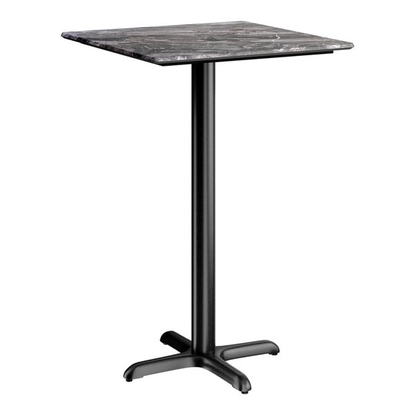 A square bar height table with a smooth dark finish and a black cross base plate.