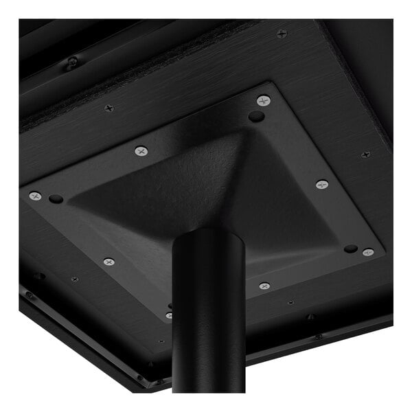 A close-up view of the underside of a square bar height table with a textured oak finish and a cross base plate.