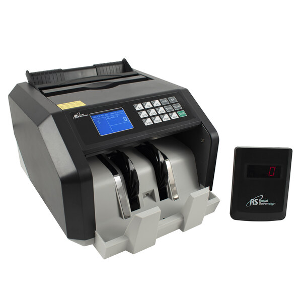 A black and grey Royal Sovereign bill counter with a small red screen and buttons.