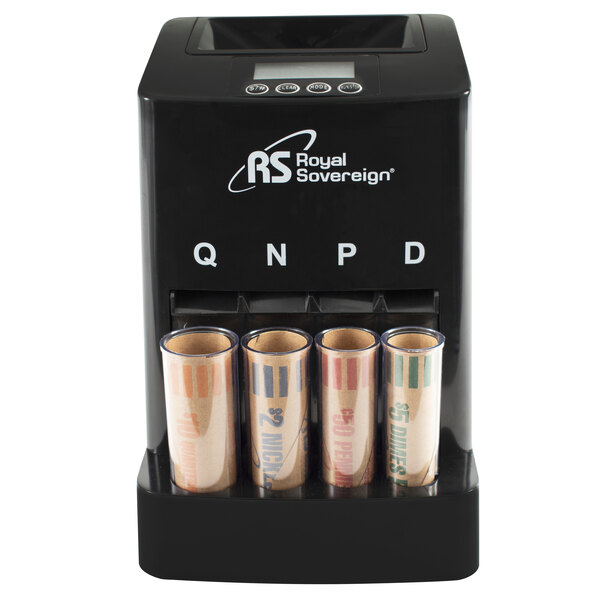 A black and white Royal Sovereign digital coin sorter with four tubes of coins.