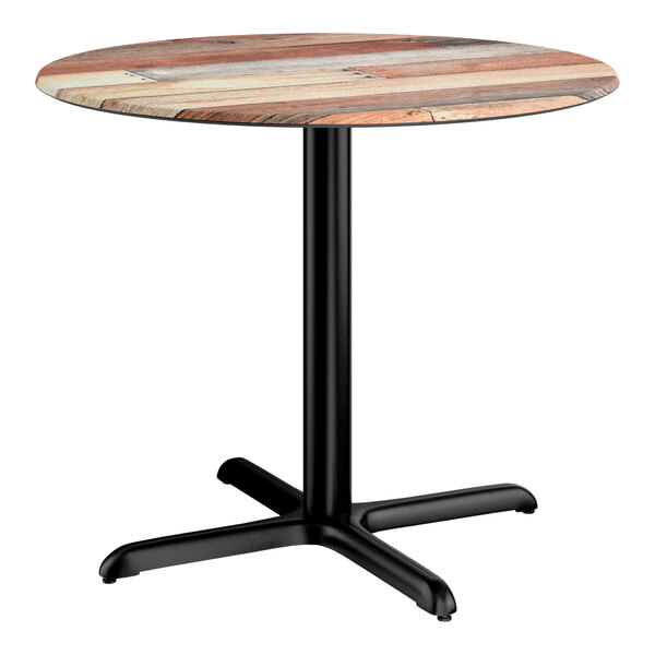 Lancaster Table & Seating Excalibur 36" Round Standard Height Table with Textured Mixed Plank Finish and Cross Base Plate