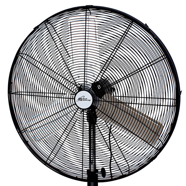 A close-up of a black Royal Sovereign oscillating pedestal fan with a white pole.