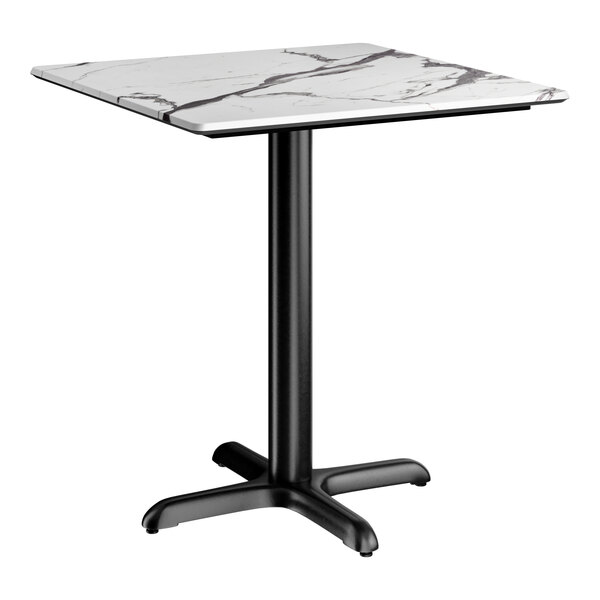 A square standard height table with a smooth Versilla finish top and a black cross base plate.