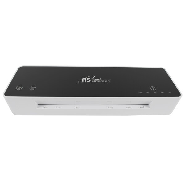 A white and black Royal Sovereign touchscreen laminator with a black and white logo.