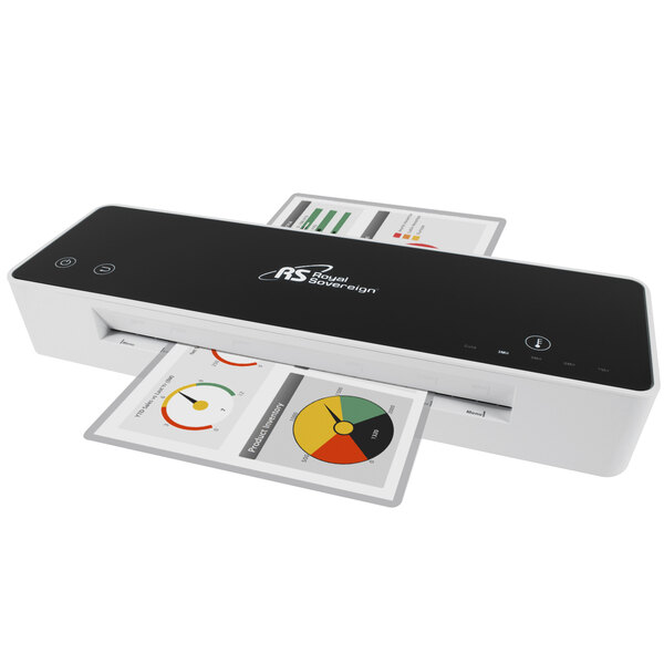 A Royal Sovereign white box with a black cover on top of a white box with a colorful pie chart and a white circle.