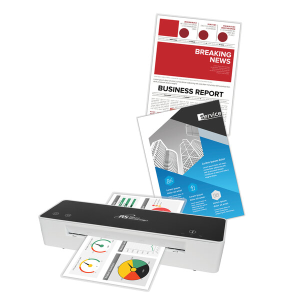 A black and white rectangular object with a black cover containing Royal Sovereign Legal Laminating Pouches.