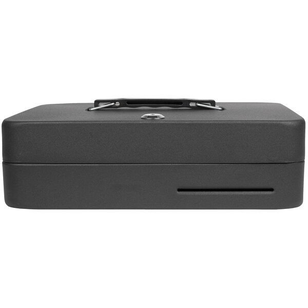 A black metal Royal Sovereign cash and change box with a key lock.