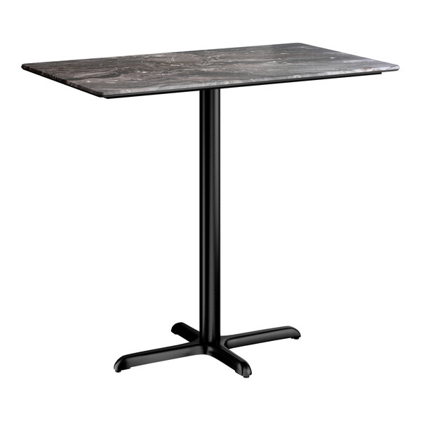 A rectangular bar height table with a smooth dark finish and a black cross base plate.
