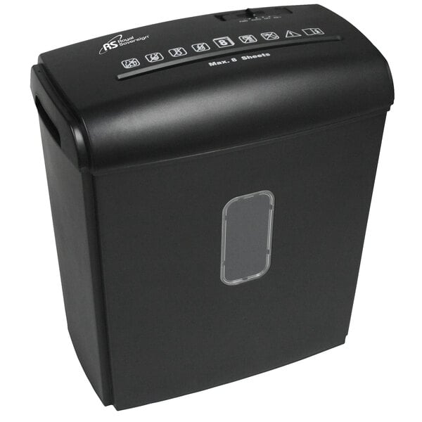 A black Royal Sovereign paper shredder with buttons.